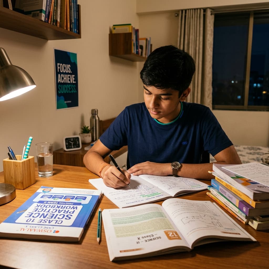 A Class 10 Indian student preparing diligently for board exams with revision notes