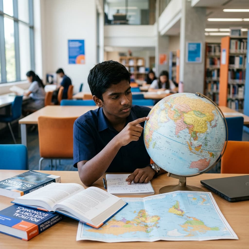 A senior secondary Indian student analyzing a globe and humanities textbooks in a library