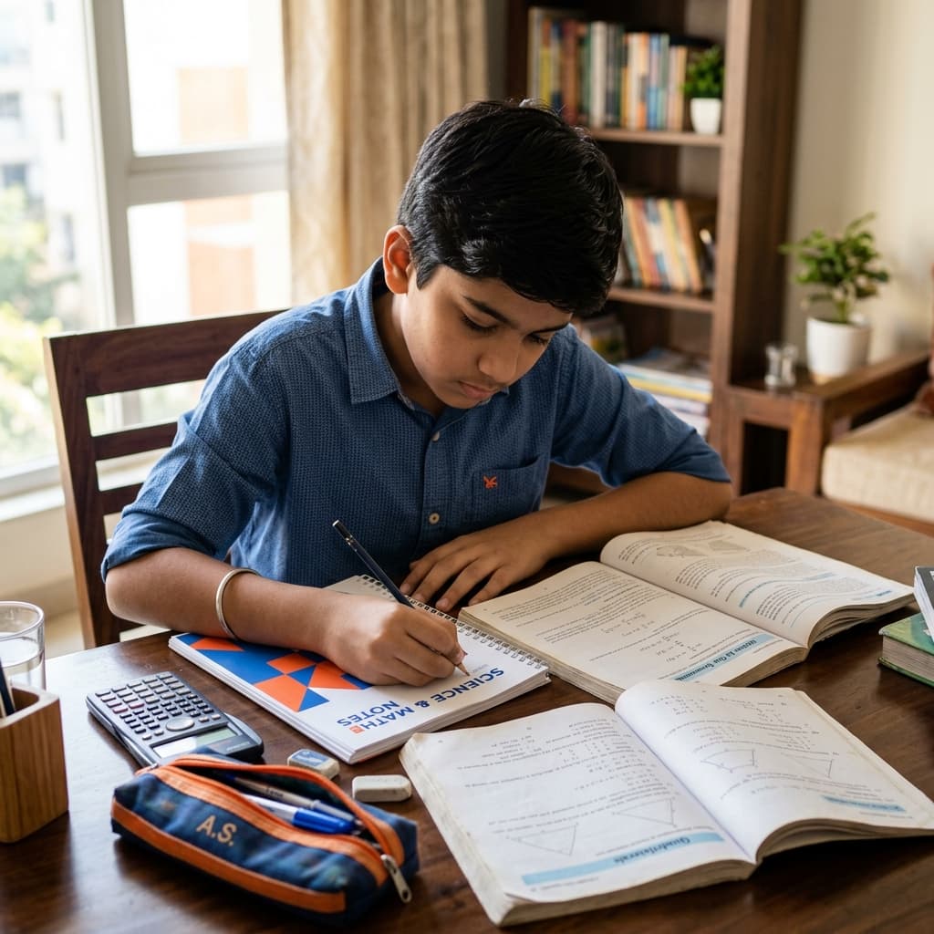 A Class 9 Indian student deeply focused on Science and Math textbook revision