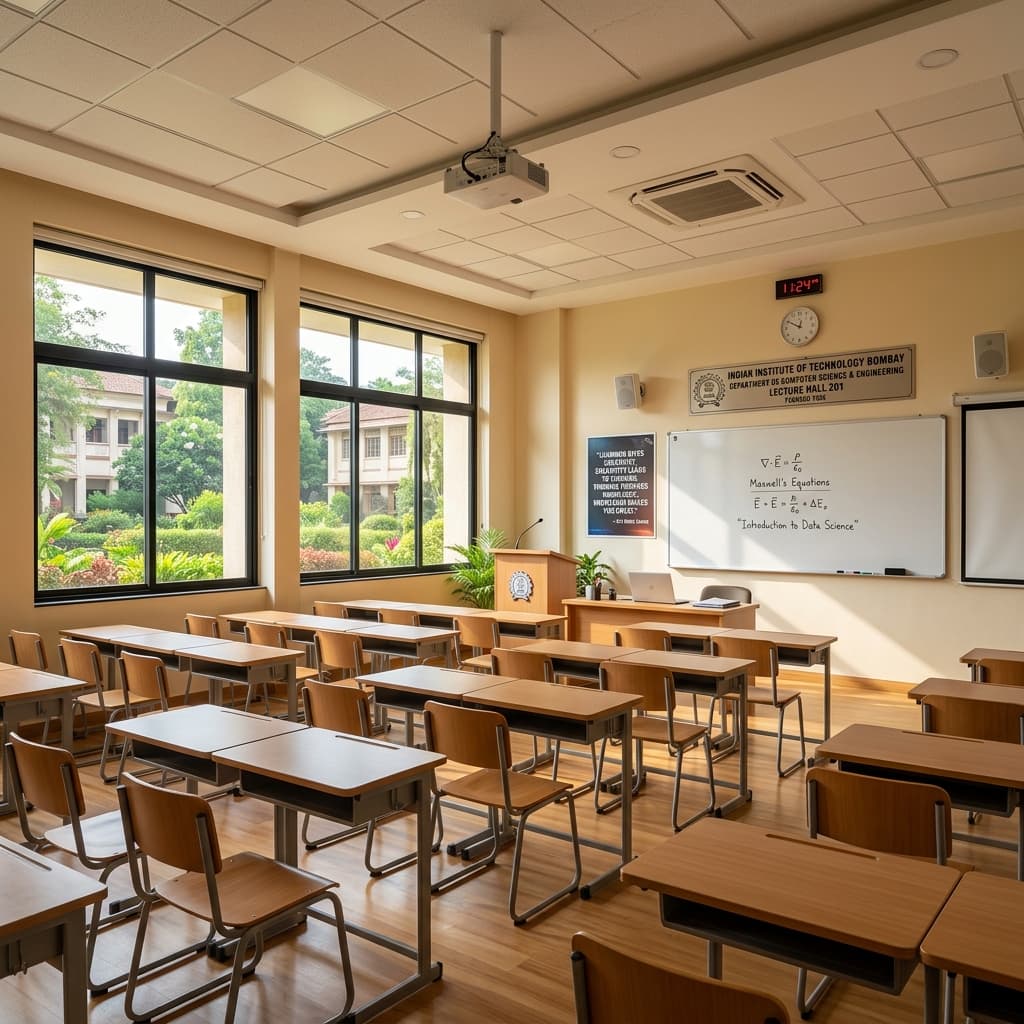 Modern classroom setup with a clean whiteboard and wooden desks