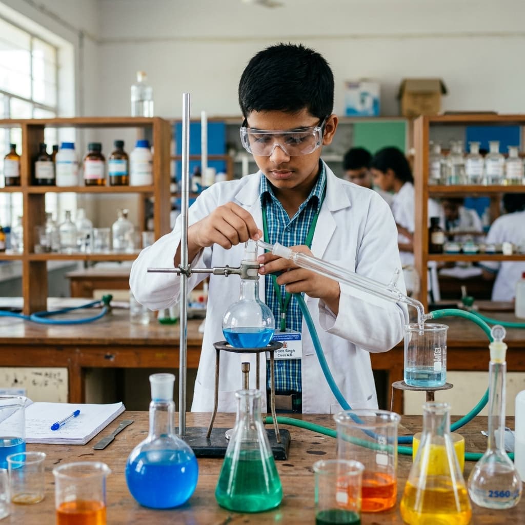 A senior secondary Indian student wearing safety glasses and adjusting a lab apparatus in a chemistry laboratory