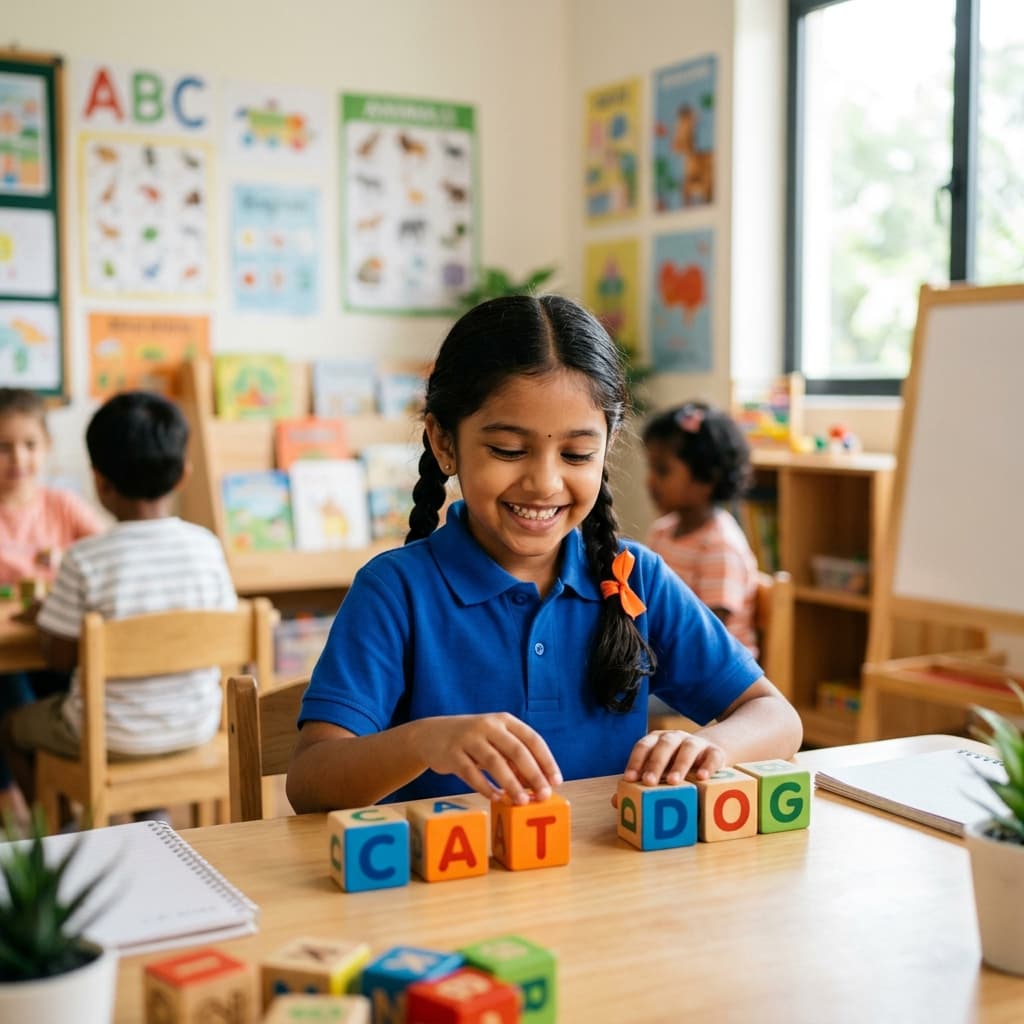 A young Indian student smiling and learning English with colorful alphabet blocks in a bright classroom
