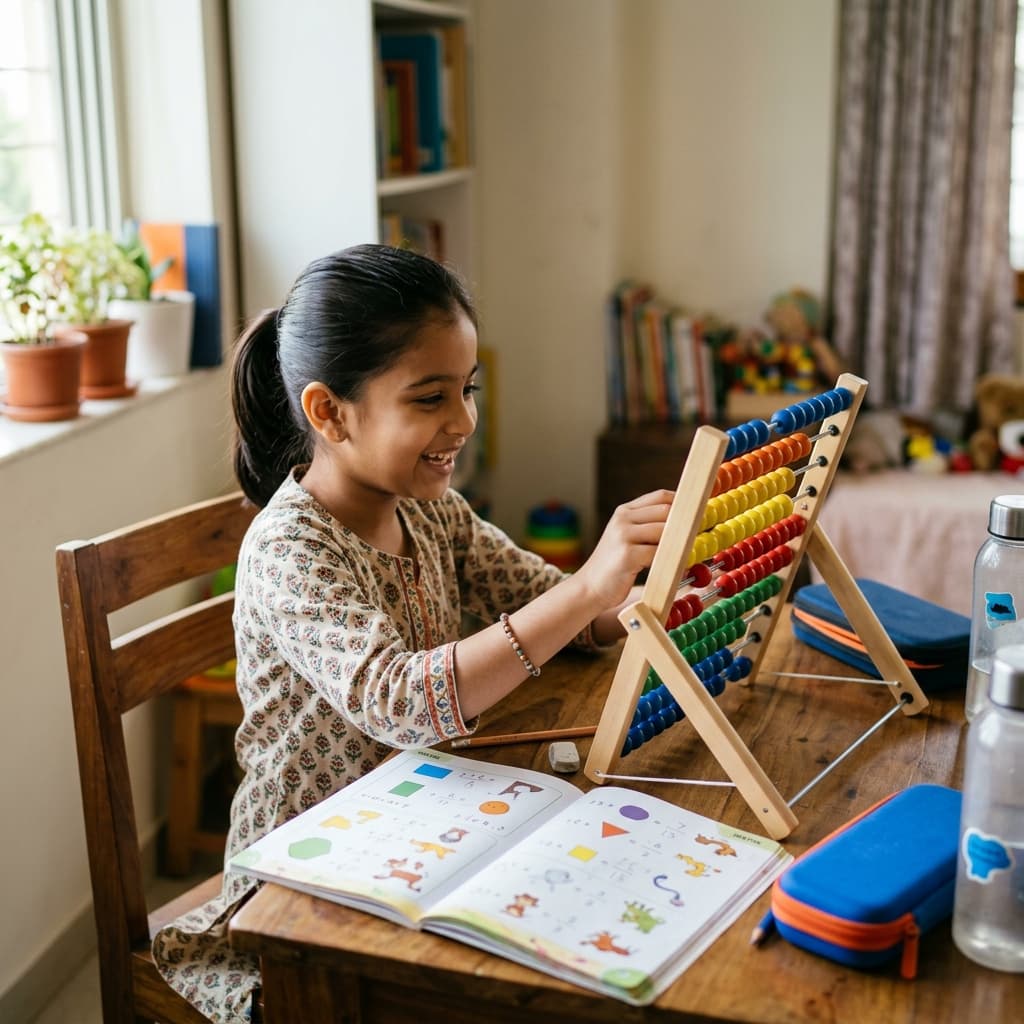 A young Indian student excitedly using a wooden abacus to solve a maths problem