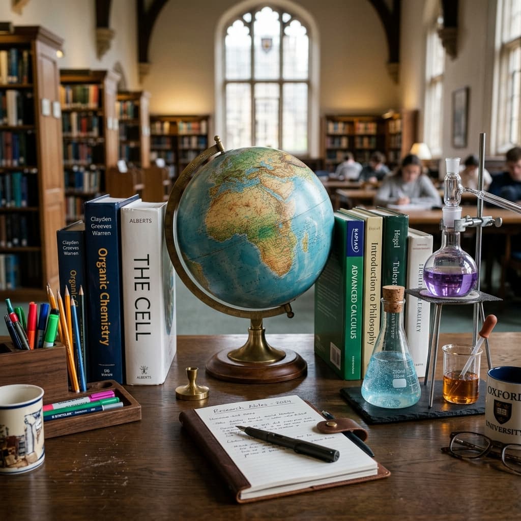 High-quality academic composition featuring textbooks, a globe, and lab flasks