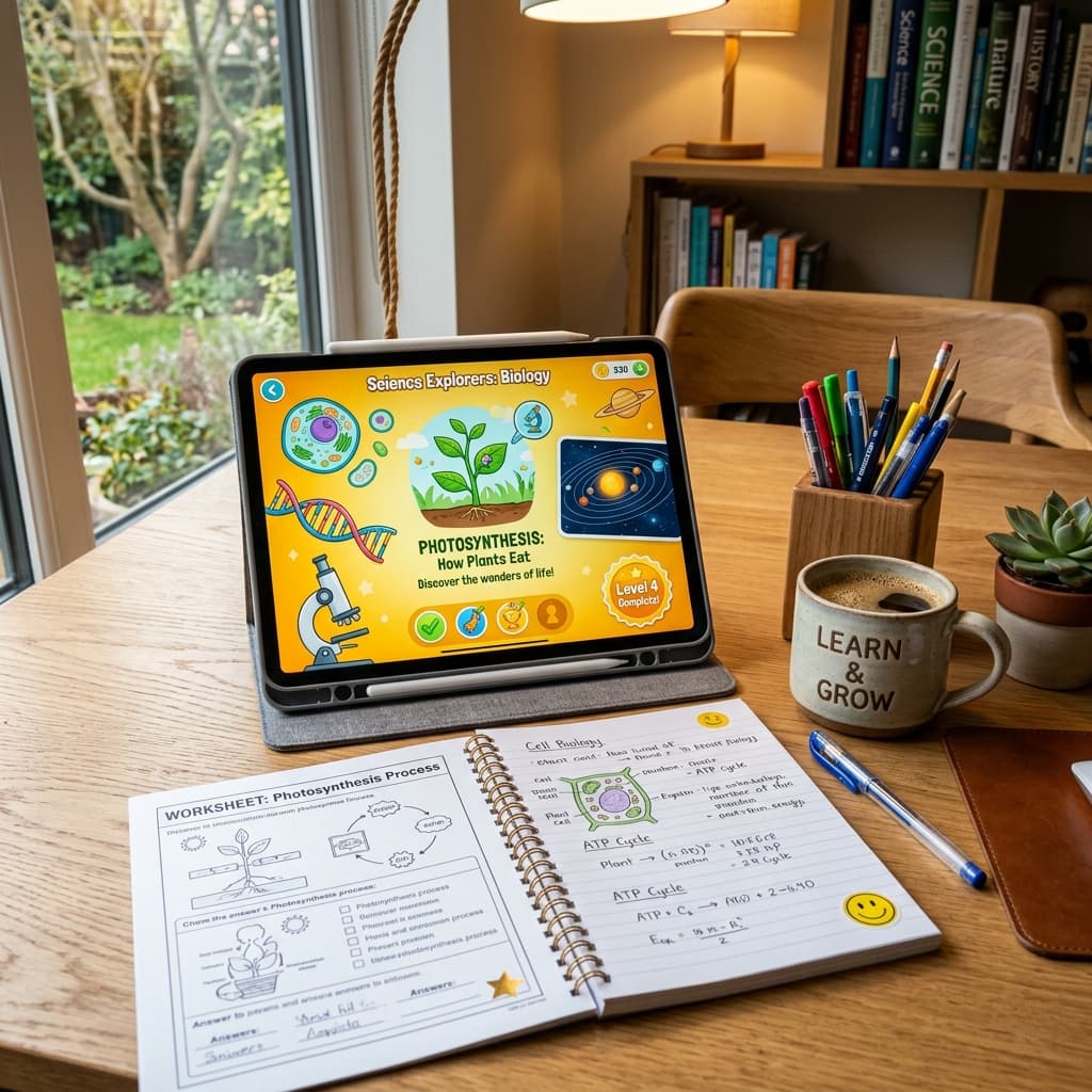 Modern study workspace showing educational materials, tablet and notebook