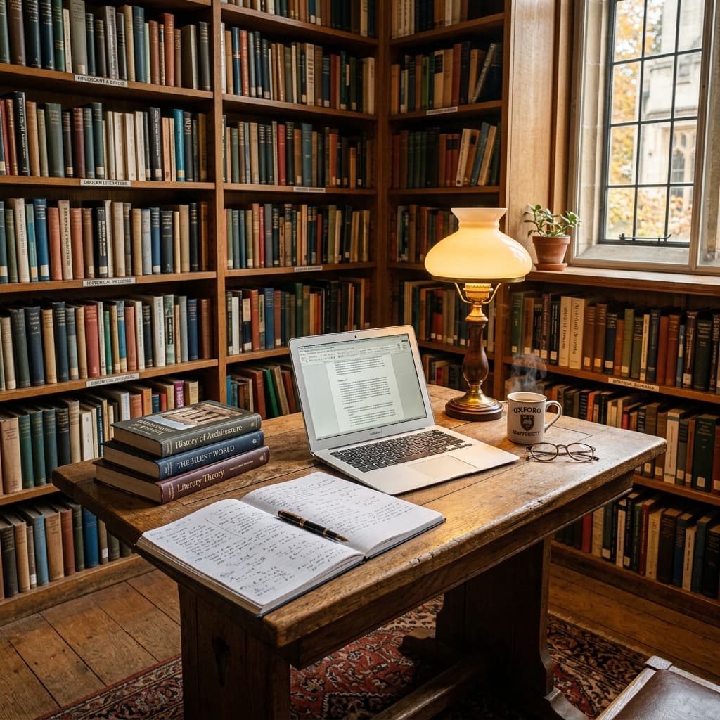 Inspiring academic library corner with books and a laptop